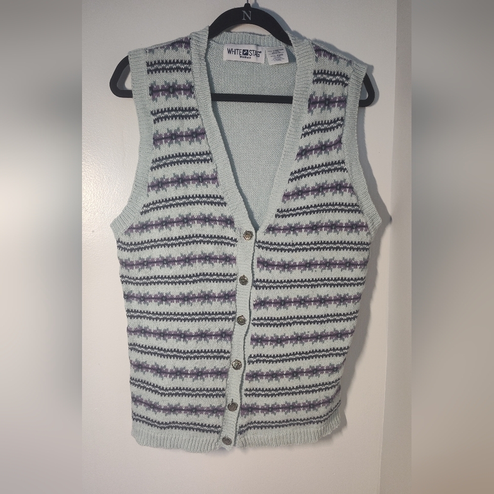 Vintage White StagStriped Sweater Vest - Blue and Purple Size 14/16 #568